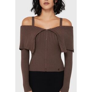 Killstar Brown Ribbed‎ Off Shoulder Button Up Cardigan Top Long Sleeve Strappy